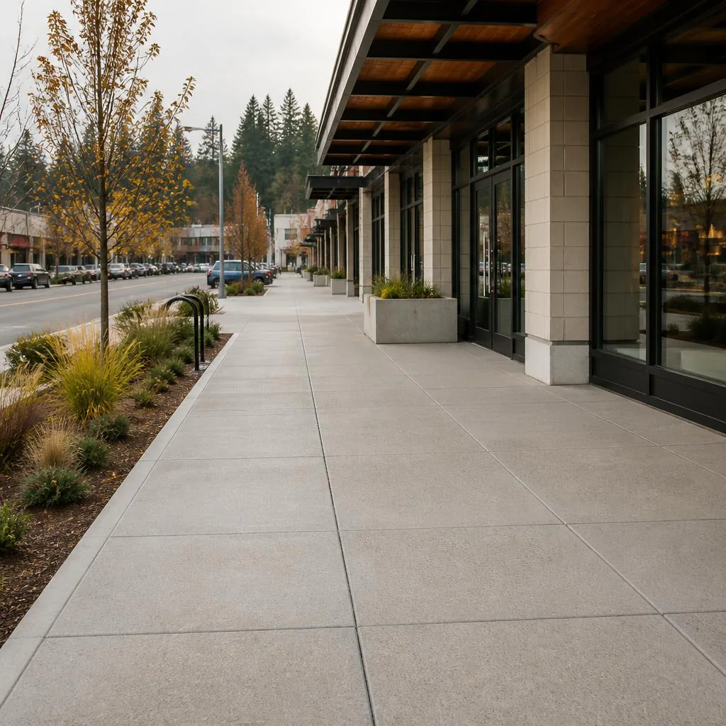 Commercial concrete flatwork with a clear pedestrian route outside a neighborhood storefront.