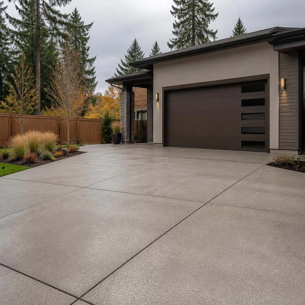 Residential concrete driveway with control joints connecting a home garage to the street.
