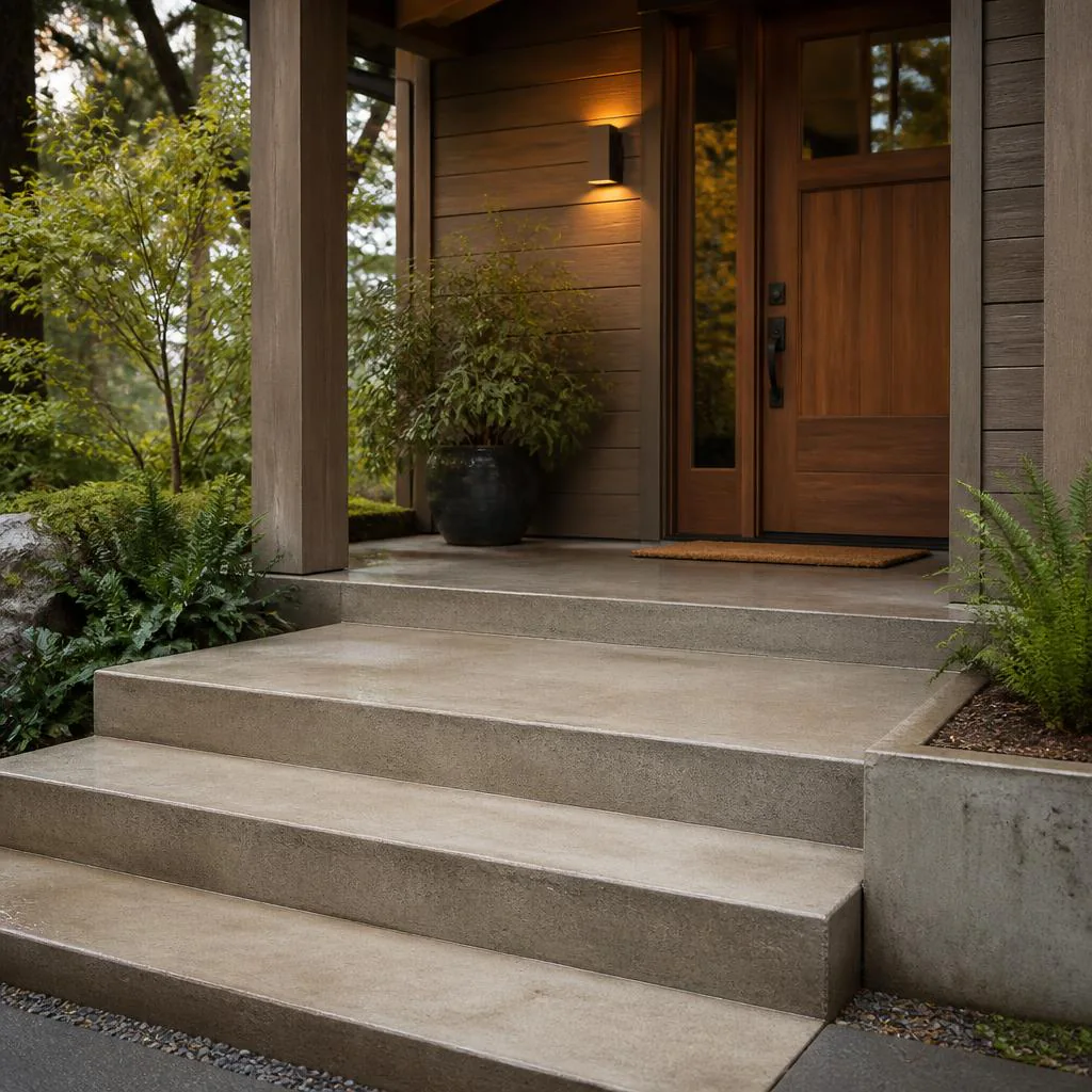 Concrete entry steps and a level landing leading to a wood front door.