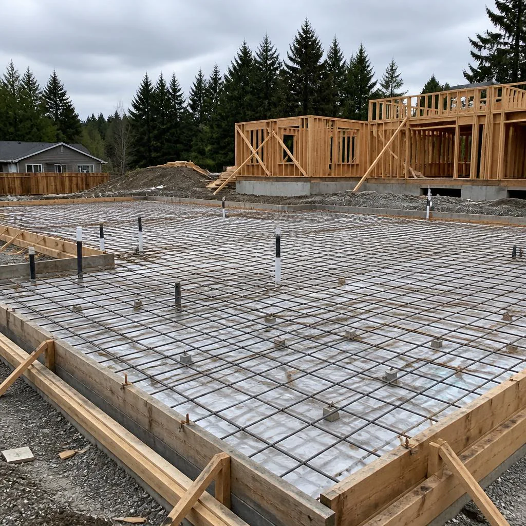 Reinforcing steel grid inside formed residential foundation slab before concrete placement.