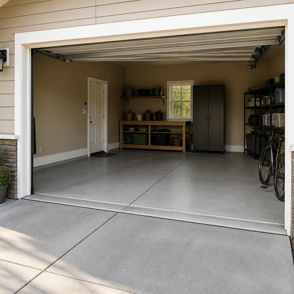 Clean residential garage with a concrete floor, control joints, and a clear door threshold.