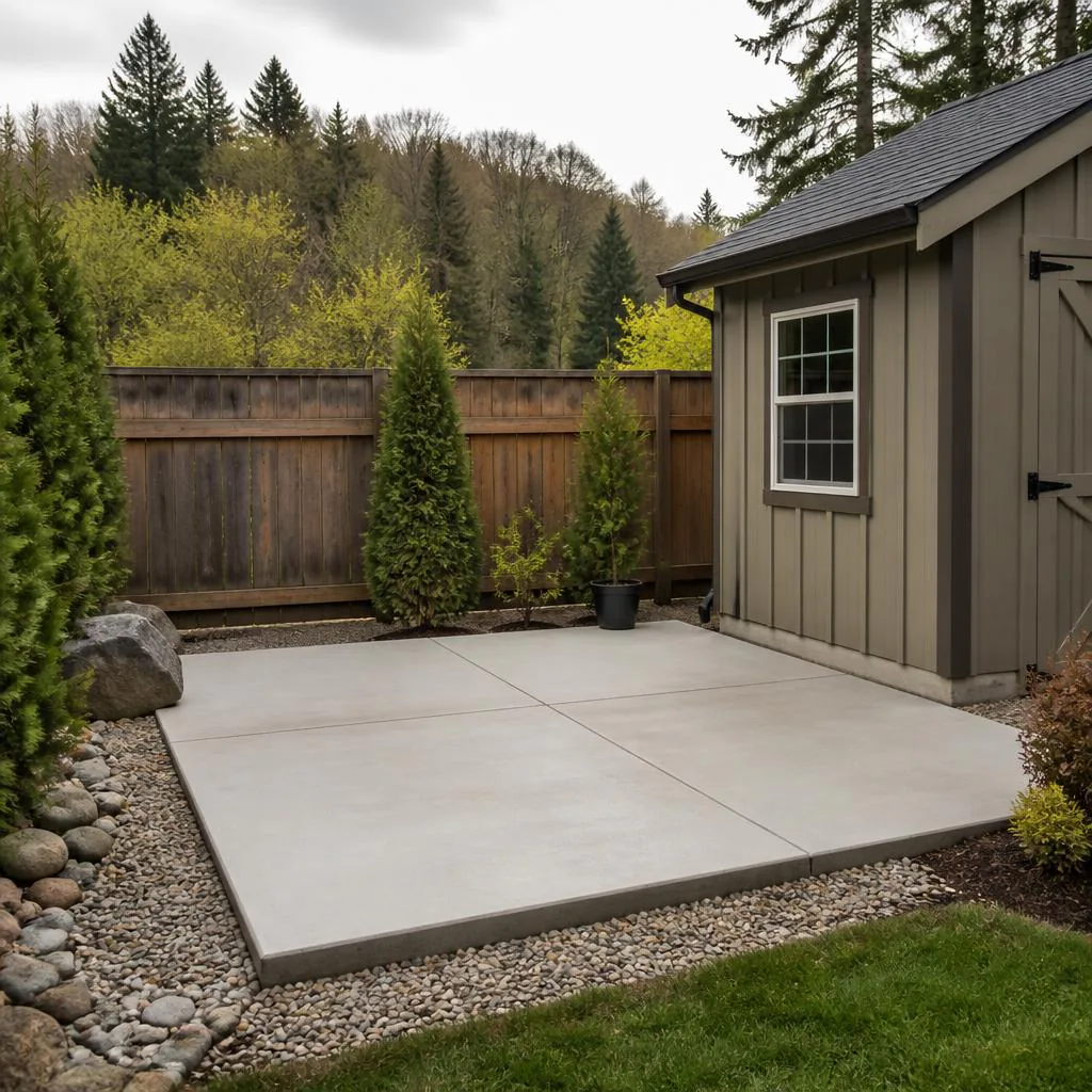Concrete utility pad beside a backyard shed with visible joints and finished edges.
