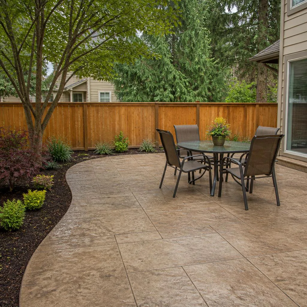 Stamped concrete patio with outdoor seating and clear slab joints in an Auburn backyard.