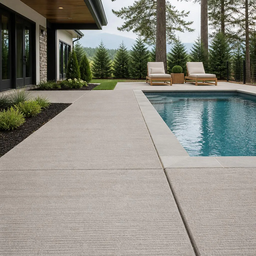 Textured concrete pool deck with clean coping and paving around a residential swimming pool.