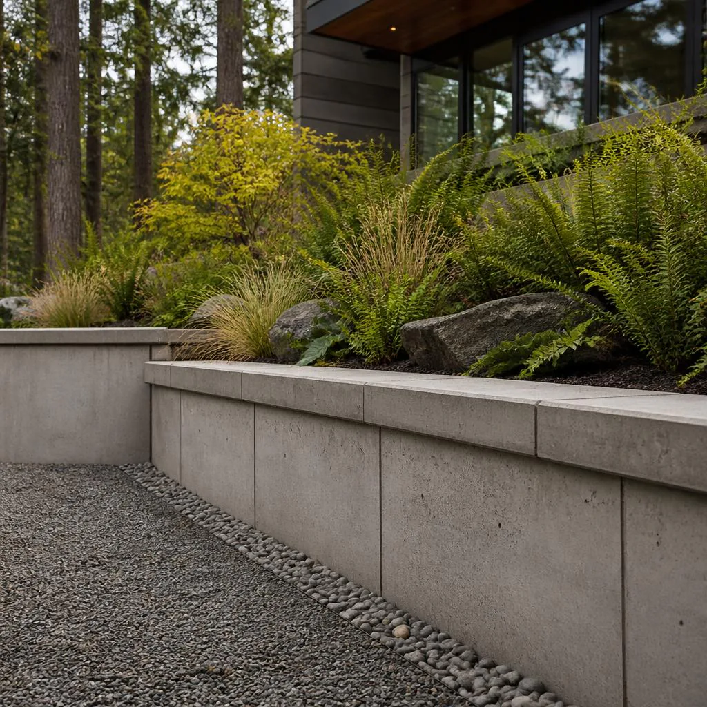 Concrete retaining wall supporting a raised planted garden on a sloped Auburn property.