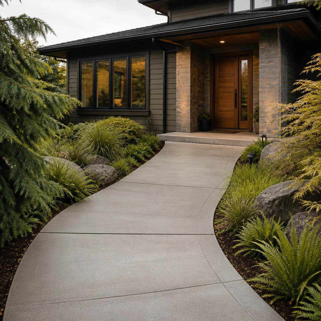 Concrete walkway leading from a planted front yard to a home entry in Auburn, Washington.